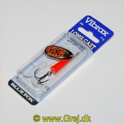 027752133671 - Vibrax str. 3 / 11g. - Long Cast - Sort blad med kobber baggrund og røde pletter - Orange klokke