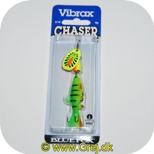 027752135781 - Vibrax Chaser - 8g - Gul spinneblad med rød midte og sorte streger og firetiger farvet fisk efter.