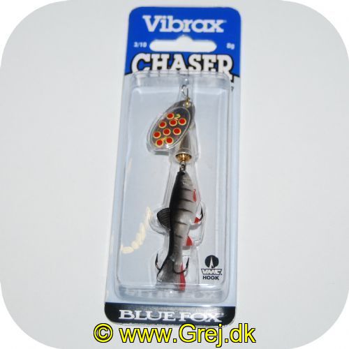 027752135828 - Vibrax Chaser - 8g - Sølv spinneblad med røde prikker og sort/sølv farvet fisk efter.