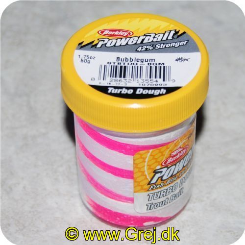 028632135549 - PowerBait med glimmer - BUBBLEGUM (lyserød / hvid) 42% stærkere - GLOW
Billedet nr.2 er taget med UV-lygte.