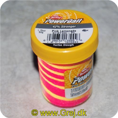 028632135556 - PowerBait med glimmer - PINK LEMONADE (pink / gul) - GLOW 42% stærkere
Billedet nr.2 er taget med UV-lygte.