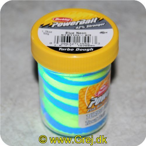 028632135563 - PowerBait med glimmer - BLUE NEON (blå / gul) 42% stærkere - GLOW
Billedet nr.2 er taget med UV-lygte.