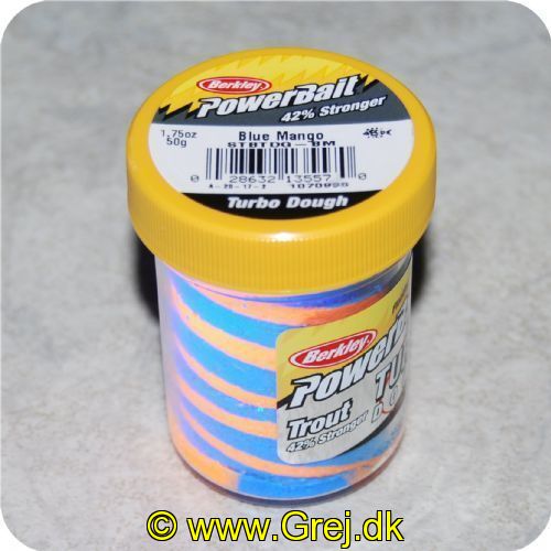 028632135570 - PowerBait med glimmer - BLUE MANGO (blå / orange) 42% stærkere - GLOW
Billedet nr.2 er taget med UV-lygte.