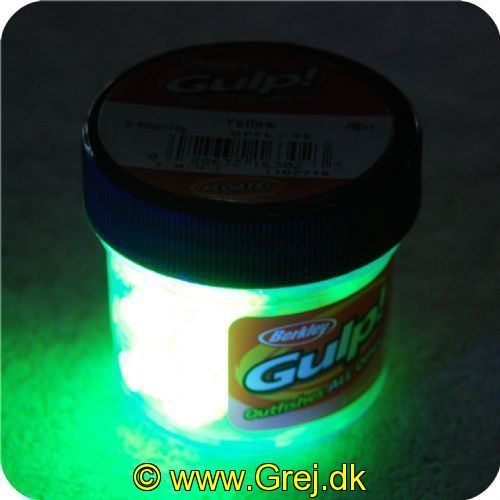 028632163023 - Berkley Salmon Eggs Gulp - Yellow/Gul
Baitkugler - Flydende - 40stk 
Billedet nr.2 er taget med UV-lygte.