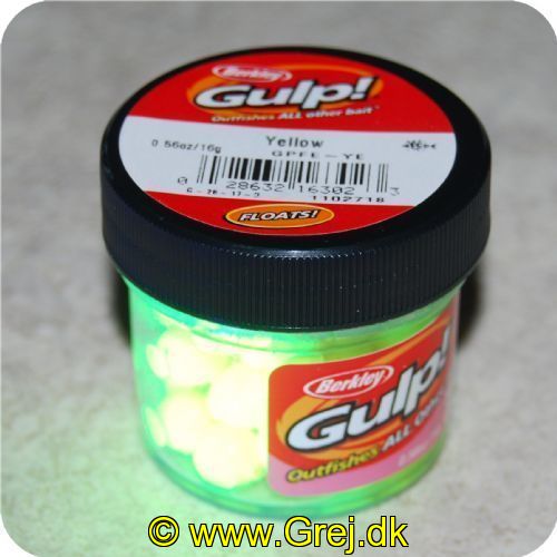 028632163023 - Berkley Salmon Eggs Gulp - Yellow/Gul
Baitkugler - Flydende - 40stk 
Billedet nr.2 er taget med UV-lygte.