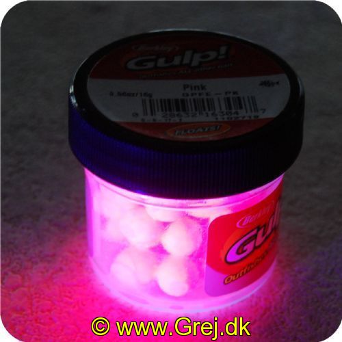 028632163047 - Berkley Salmon Eggs Gulp - Pink
Baitkugler - Flydende - 40stk 
Billedet nr.2 er taget med UV-lygte.