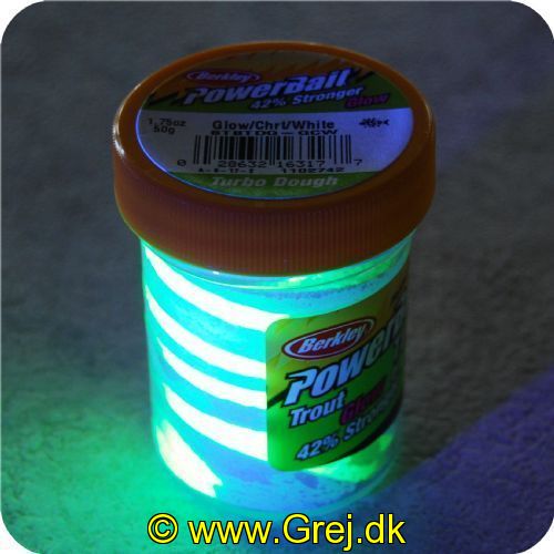 028632163177 - PowerBait med glimmer - CHARTREUSE / WHITE - GLOW 42% stærkere
Billedet nr.2 er taget med UV-lygte.