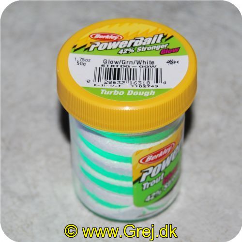 028632163184 - PowerBait med glimmer - GREEN / WHITE - GLOW 42% stærkere
Billedet nr.2 er taget med UV-lygte.