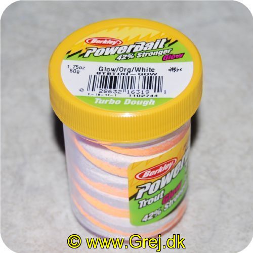 028632163191 - PowerBait med glimmer - ORANGE / WHITE - GLOW 42% stærkere
Billedet nr.2 er taget med UV-lygte.