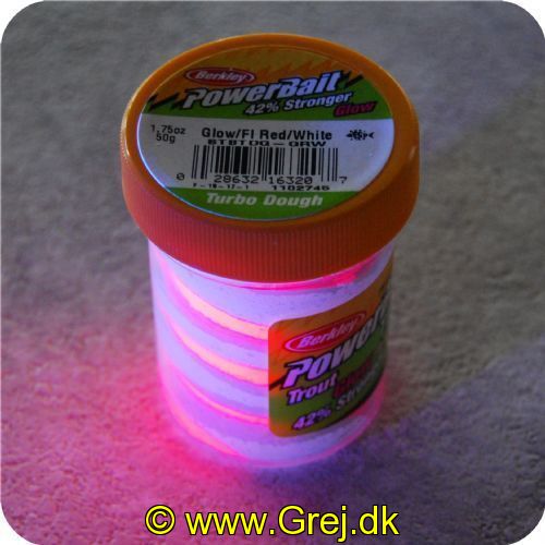 028632163207 - PowerBait med glimmer - FLUORESCENT RED / WHITE - GLOW 42% stærkere
Billedet nr.2 er taget med UV-lygte.