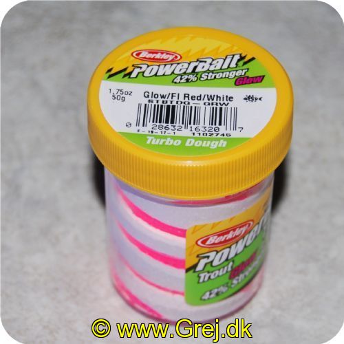 028632163207 - PowerBait med glimmer - FLUORESCENT RED / WHITE - GLOW 42% stærkere
Billedet nr.2 er taget med UV-lygte.