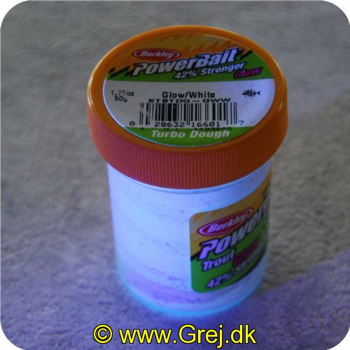 028632166017 - PowerBait med glimmer - WHITE  - GLOW 42% stærkere
Billedet nr.2 er taget med UV-lygte.