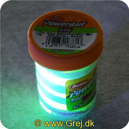 028632167717 - PowerBait med glimmer - SUNSHINE YELLOW / WHITE - GLOW 42% stærkere
Billedet nr.2 er taget med UV-lygte.