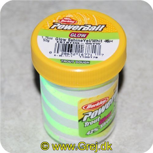 028632167717 - PowerBait med glimmer - SUNSHINE YELLOW / WHITE - GLOW 42% stærkere
Billedet nr.2 er taget med UV-lygte.