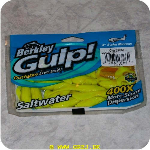 028632171660 - Berkley Gulp  - Swim Minnow - Farve: Chartreuse - Str. 10 cm - 12 stk.
<BR>
Type: Live bait