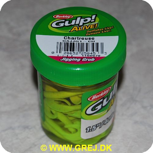 028632258453 - Berkley Gulp Alive - 2,5 cm lange gummihaler - Chartreuse (gulgrøn) - 59 gram - Efter brug lægges ormen tilbage i væsken og kan bruges igen næste gang
