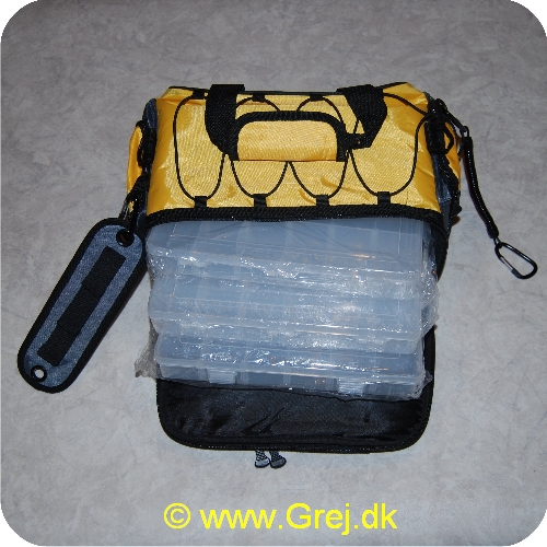 028632533291 - Berkley PowerBait taske med 3 praktiske opbevaringsæsker(27x18cm med flytbare skillerum) - En smart PowerBait holder til tre glas PowerBait - Håndtag og skulderrem - Ekstra lommer - Spiralhægte(pin on reel)- Tasken er gul med sorte kanter - Størrelse: 20x20x30 cm