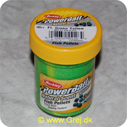 028632551264 - PowerBait med glimmer - FLUORESCENT GREEN YELLOW med fish pellets