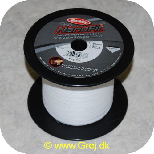 028632596777 - Nanofil Uni-Filament Fiskeline - 0.183 mm - Knudestyrke: 4.994 kg - Vælg antal meter - Clear Mist  Nanofilline er hverken monofilline eller fletline men en ny generation af fiskeliner fra Berkley - Det er den længst kastende line nogensinde - Linen er flettet men glat som nylonline og optager derfor minimal vand og iser derfor ikke så let til - Linen er opgivet i knudestyrke og ikke i linestyrke - Det er derfor vigtigt. at du bruger de helt rigtige lineknuder - Der er 1800 meter i en hel spole