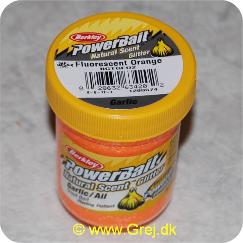 028632634202 - PowerBait med glimmer - FLUORESCENT ORANGE med hvidløg