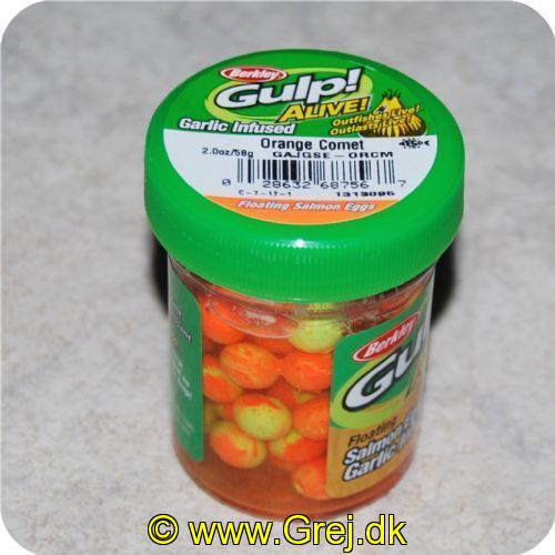 028632687567 - Berkley Gulp Alive - Floating Salmon Eggs - Orange Comet Garlic - Orange med hvidløg i Væske
Billedet nr.2 er taget med UV-lygte.

Til Put & Take fiskeri er Gulp lakserogn en ny spændene og effektiv måde at få fiskene til at hugge på. når fiskene i Put & Take søen ikke vil røre andet.

Gulp Alive lakserogn kan også bruges istedet for perler på dine fladfiskeforfang. det gør både at din agn flyder bedre og at den bliver mere atraktiv.
Indhold Ca 75stk