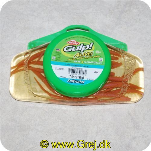 028632700600 - Berkley Gulp Alive Arenicola/Sandorm/Natural -  4"/ 10cm 
0.198kg/14stk
<BR>
<BR>
GULP Alive ser levende ud - føles levende og smager som fiskens naturlige føde. Ny forbedret smag samt endnu bedre bevægelser i vandet gør GULP Alive til perfekte kopier af fiskenes naturlige føde.<BR>
GULP Alive holder bare meget længe og når der er fisket med den i ca. 1 times tid tager man den af og ligger den i spanden igen og tager så en anden så den igen bliver fyldt med lokkemidlet.<BR><BR>
De nye GULP Alive svømmer rundt i en spand fyldt med GULP væske og når du er færdig med dit fiskeri. lægger du blot agnet tilbage i spanden igen og efter et par timer er den igen fyldt med den forførende duft og smag af GULP Alive.<BR><BR>
Ekstrem lang holdbarhed - både på krogen og i spanden.<BR><BR>
Gulp Alive er 100% Biologisk nedbrydelig.