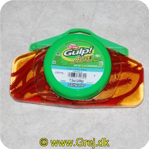 028632700624 - Berkley Gulp Alive Nereis/Bloody/Børsteorm -  6"/ 15cm Rød
0.206kg/14stk
<BR>
<BR>
GULP Alive ser levende ud - føles levende og smager som fiskens naturlige føde. Ny forbedret smag samt endnu bedre bevægelser i vandet gør GULP Alive til perfekte kopier af fiskenes naturlige føde.<BR>
GULP Alive holder bare meget længe og når der er fisket med den i ca. 1 times tid tager man den af og ligger den i spanden igen og tager så en anden så den igen bliver fyldt med lokkemidlet.<BR><BR>
De nye GULP Alive svømmer rundt i en spand fyldt med GULP væske og når du er færdig med dit fiskeri. lægger du blot agnet tilbage i spanden igen og efter et par timer er den igen fyldt med den forførende duft og smag af GULP Alive.<BR><BR>
Ekstrem lang holdbarhed - både på krogen og i spanden.<BR><BR>
Gulp Alive er 100% Biologisk nedbrydelig.