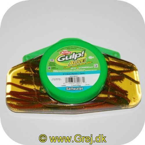 028632700631 - Berkley Gulp Alive Nereis/Como/Børsteorm -  6"/ 15cm 
0.206kg/14stk
<BR>
<BR>
GULP Alive ser levende ud - føles levende og smager som fiskens naturlige føde. Ny forbedret smag samt endnu bedre bevægelser i vandet gør GULP Alive til perfekte kopier af fiskenes naturlige føde.<BR>
GULP Alive holder bare meget længe og når der er fisket med den i ca. 1 times tid tager man den af og ligger den i spanden igen og tager så en anden så den igen bliver fyldt med lokkemidlet.<BR><BR>
De nye GULP Alive svømmer rundt i en spand fyldt med GULP væske og når du er færdig med dit fiskeri. lægger du blot agnet tilbage i spanden igen og efter et par timer er den igen fyldt med den forførende duft og smag af GULP Alive.<BR><BR>
Ekstrem lang holdbarhed - både på krogen og i spanden.<BR><BR>
Gulp Alive er 100% Biologisk nedbrydelig.