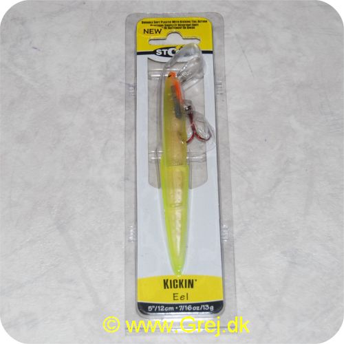 039984022715 - Kickin Eel - 12 cm lange - 13 gram - Segmented Kicking tail - Gul/klar - Svømmer livagtig - Blød krop - Wildeye