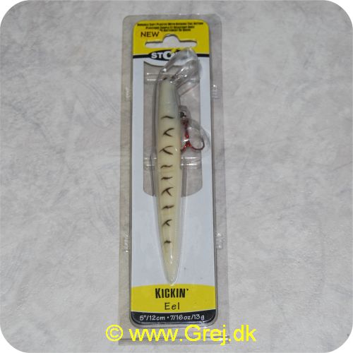 039984022722 - Kickin Eel - 12 cm lange - 13 gram - Segmented Kicking tail - Hvid med sorte aftegninger - Svømmer livagtig - Blød krop - Wildeye