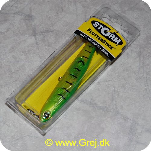 039984087356 - Flutterstick Madflash - synkende - 10 cm/20 gram - Fire Tiger Flash - Grøn/orange m/sorte striber