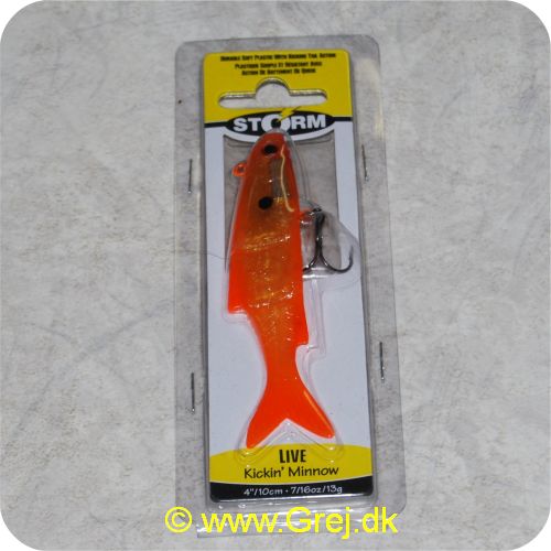 039984141331 - Storm Live Kickin Minnow - 10 cm - 13 gram - Goldfish - Blød og livagtig krop. - Langsomt synkende. - Segmenteret Kicking Hale - Holografisk Insert og WildEye.