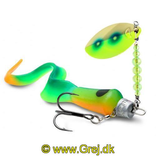 039984183942 - Storm R.I.P. Spinner Tail  grøn/orange tail - gul/guld spinner (GRTU)FIRETIGER L: 22 cm	V:38 g
Spin the tail and win.
R.I.P. Spinner Tail forener på bedste vis et inline spinning blad med en naturlig overdimensioneret curly tail.
Sat sammen med R.I.P. Multi Depth Screw-systemet giver det denne agn mulighed for at gå dybt. hvor de store fisk venter.
Langsom indspinning fungerer bedst. så det store spinnerblad pulserer og larmer. mens halen basker og lokker selv de mest sky fisk.
Ved spinstop synker R.I.P. Roach med et naturligt svømme-mønster.
Ved langsom indspinning bibeholdes det samme mønster. og ved hurtig indspinning giver det action til hele agnen.
Helt ideelt sættes den sammen med R.I.P. Multi-Depth Screw systemet eller et andet rig-system for fuld kontrol i alle dybder.
