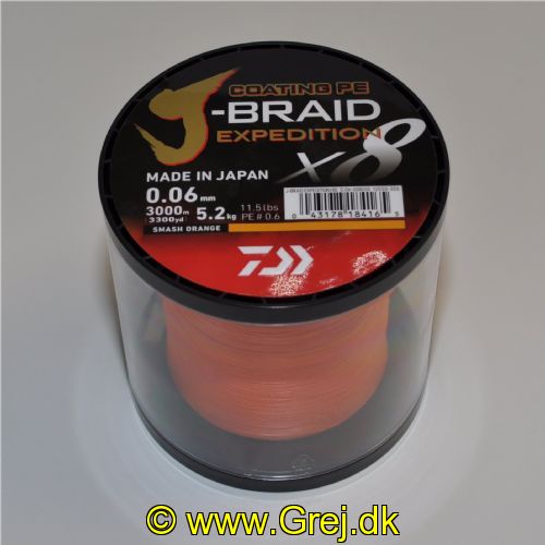 043178184165 - Coating J-Braid Expedition x8 fletline - 0,06mm - Brudstyrke:5,2kg. - Farve:Orange - Vælg antal meter  (Min. 100 meter)<BR>
Made in Japan