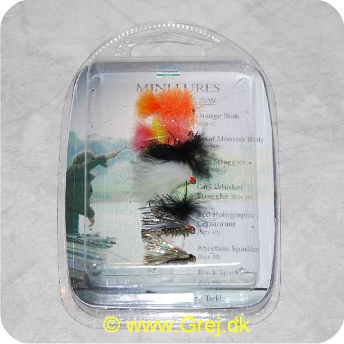 043388226785 - Mini Lures Fly selection - 7 stk fluer - krogstr. 10 og 6 - Orange Blob. Coral Monster Blob. Viva Straggler. Cat Whisker Straggler. Red Holographic Cormorant. Abortion Sparkler og Black Sparkler