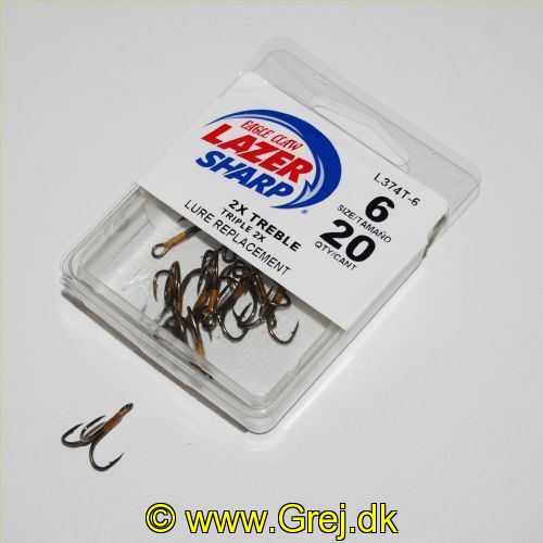 047708129459 - T-PACK - LAZER 2X TREBLE REG SHANK CURVED POINT - Model:L374TH-6 - BRONZE - Enheder per pakke: 20