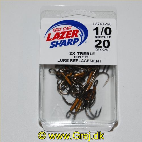 047708489256 - T-PACK - LAZER 2X TREBLE REG SHANK CURVED POINT - Model:L374TH-1/0 / L374T-1/0 - BRONZE - Enheder per pakke: 20