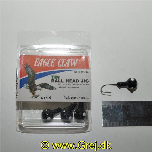 047708728485 - JIGS & LURES - NON-LEAD BLACK SINGLE WHITE EYE BALL HEAD JIG WITH BARB 1/4OZ - Model:NLJB05-14 - BLACK - Enheder per pakke: 4