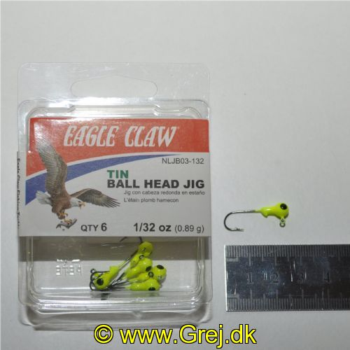 047708728553 - JIGS & LURES - NON-LEAD GREEN CHARTREUSE SINGLE WHITE EYE BALL HEAD JIG WITH BARB 1/32OZ - Model:NLJB03-132 - GREEN CHARTREUSE - Enheder per pakke: 6