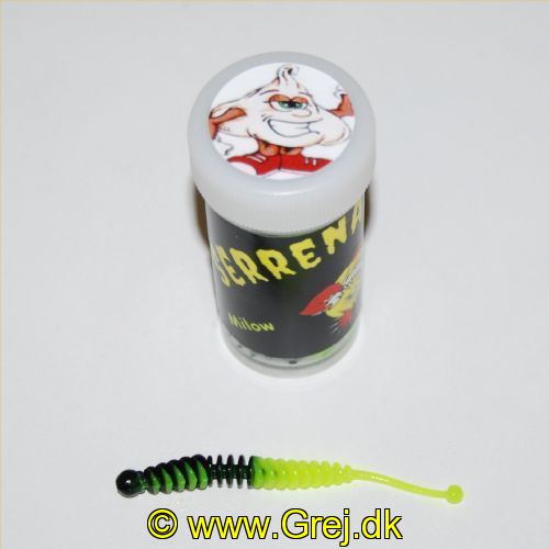 12600001SC - Serrena Baits - Model: Milow - 10 stk. - Duft: Æble - Farve: Sort/Charetreuse<BR>
<BR>
Denne model er en lang Lamelkrop med en kugle på halen.<BR>
<BR>
En af de helt nye gummiagn som er nogle af de stærkeste på det tyske marked med mange forskellige duftstoffer fra forskellige frugt samt hvidløg.