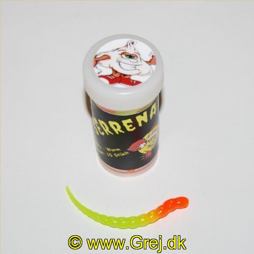 12630004GO - Serrena Baits - Model: Buffy - Worm - 10 stk. - Duft: Hvidløg - Farve: Orange/Chartreuse<BR>
<BR>
Denne model er en lang orm som er lavet af kugler som bliver mindre og mindre indtil halespidsen.<BR>
<BR>
En af de helt nye gummiagn som er nogle af de stærkeste på det tyske marked med mange forskellige duftstoffer fra forskellige frugt samt hvidløg.