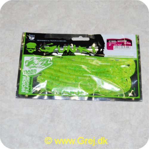 3297830326043 - Gunki C EEL worm 12.7 cm - 15 stk - Lime/Chartreuse - Vejledning på bagsiden af pakken