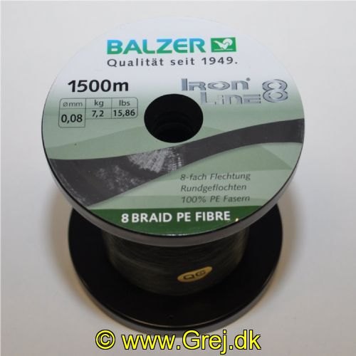 4005652100821M - Iron Line 8 fletline - 0,08mm - Rullekapacitet:1500M. - Brudstyrke:7.2kg. - Farve:Grøn - Vælg antal meter - 001 2662 008<br>Ironline® 8: our high performance line with 8-fold braiding and a sensational price/performance ratio! Balzer’s Ironline 8 boasts an eightfold braided high-performance line with an excellent load-bearing capacity. The line is impressive thanks to a soft, yet abrasion-resistant surface that enables the line to slide silently through the guides and which facilitates enormous casting distances. Thanks to the fact that it hardly stretches at all, you have direct contact to both bait and fish. In the Ironline 8 series you can find the right line for all types of fishing; what’s more at fantastic prices! 

Features: 8-fold braiding, Round braiding, 100% PE fibre, High loadbearing capacities, Very soft surface, High abrasion resistance, Extremely little stretching, UV protected. 

Iron Line green: Thanks to the dark-green colouring the cord is
ideal wherever inconspicuous colours are needed to avoid a shooing
effect.