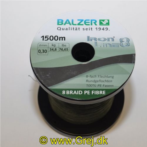 4005652100913M - Iron Line 8 fletline - Pr. Meter - Brudstyrke:34.8kg. - Farve:Grøn - 001 2662 030<br>Ironline® 8: our high performance line with 8-fold braiding and a sensational price/performance ratio! Balzer’s Ironline 8 boasts an eightfold braided high-performance line with an excellent load-bearing capacity. The line is impressive thanks to a soft, yet abrasion-resistant surface that enables the line to slide silently through the guides and which facilitates enormous casting distances. Thanks to the fact that it hardly stretches at all, you have direct contact to both bait and fish. In the Ironline 8 series you can find the right line for all types of fishing; what’s more at fantastic prices! 

Features: 8-fold braiding, Round braiding, 100% PE fibre, High loadbearing capacities, Very soft surface, High abrasion resistance, Extremely little stretching, UV protected. 

Iron Line green: Thanks to the dark-green colouring the cord is
ideal wherever inconspicuous colours are needed to avoid a shooing
effect.
