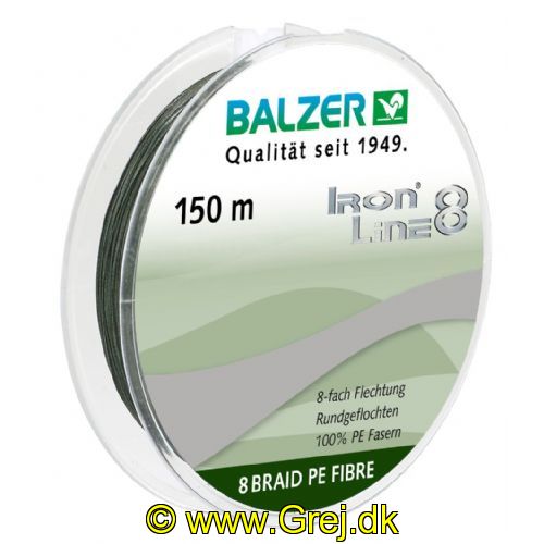 4005652101071 - Iron Line 8 fletline - Rullekapacitet:150M. - Brudstyrke:34.8kg. - Farve:Grøn - 001 2663 030<br>Ironline® 8: our high performance line with 8-fold braiding and a sensational price/performance ratio! Balzer’s Ironline 8 boasts an eightfold braided high-performance line with an excellent load-bearing capacity. The line is impressive thanks to a soft, yet abrasion-resistant surface that enables the line to slide silently through the guides and which facilitates enormous casting distances. Thanks to the fact that it hardly stretches at all, you have direct contact to both bait and fish. In the Ironline 8 series you can find the right line for all types of fishing; what’s more at fantastic prices! 

Features: 8-fold braiding, Round braiding, 100% PE fibre, High loadbearing capacities, Very soft surface, High abrasion resistance, Extremely little stretching, UV protected. 

Iron Line green: Thanks to the dark-green colouring the cord is
ideal wherever inconspicuous colours are needed to avoid a shooing
effect.