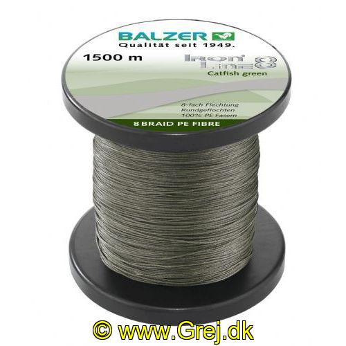 4005652101132 - Iron Line 8 fletline, catfish - Rullekapacitet:1500M. - Brudstyrke:40.8kg. - Farve:Gr&oslash;n - 001 2665 040<br>Ironline® 8: our high performance line with 8-fold braiding and a sensational price/performance ratio! Balzer’s Ironline 8 boasts an eightfold braided high-performance line with an excellent load-bearing capacity. The line is impressive thanks to a soft, yet abrasion-resistant surface that enables the line to slide silently through the guides and which facilitates enormous casting distances. Thanks to the fact that it hardly stretches at all, you have direct contact to both bait and fish. In the Ironline 8 series you can find the right line for all types of fishing; what’s more at fantastic prices! 

Features: 8-fold braiding, Round braiding, 100% PE fibre, High loadbearing capacities, Very soft surface, High abrasion resistance, Extremely little stretching, UV protected. 

Iron Line Catfish green: Enormous load-bearing capacities and inconspicuous colouring distinguish this line. Ideal for spin fishing for fat catfish, but also for fishing with natural bait, of course.