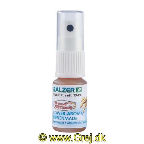 4005652104362 - Trout Attack, aromaspray, 10ml - Smag/duft:Bienemaden - 001 6008 000<br>These 100% naturally pure aromas significantly improve the catching capacity of all kinds of bait. With a practical sprayer! Content 10ml.