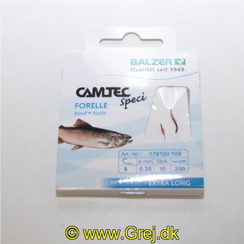 4005652107561 - Camtec Speci bombarda forfang - Længde:200cm. - Farve:Rød - 001 7810 108<br>Camtec Speci Trout/Sbiro red, leader length 200cm #8, 1 barb.