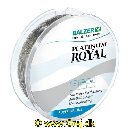 4005652116006 - Platinum Royal line - Rullekapacitet:300M. - Brudstyrke:4.8kg. - Farve:Grå - 001 2302 020<br>By using state-of-the-art polymers the Platinum has significant great resistance to abrasion, yet it remains just as supple as ever. The AntiTwist system developed by Balzer reduces line-twisting to a minimum. The special anti-reflex coating ensures inconspicuous bait presentation even on bright days or in clear water. 
Highly compressed molecules ensure maximum load-bearing capacities, UV protective coating, Extremely high resistance to abrasion, Incredibly little elongation, Extremely supple for maximum casting distances, AntiTwist system reduces twisted lines to a minimum.