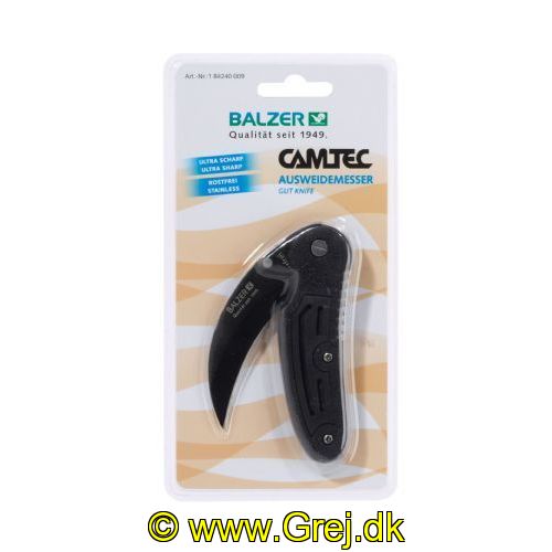 4005652154763 - Camtec rensningkniv/foldekniv - Længde:15cm. - Farve:Sort - 001 8424 009<br>Our series of knives truly deserves this name: all knives are made of hardened, non-rusting steel with the very sharpest of blades. The knives have ergonomic handles that make it virtually impossible for your hand to lose its grip. All knives are blister-packed or in self-service display. 
Knife with curved, rust-free blade, ideal for gutting fish. With safety lock to prevent the blade from folding back inadvertently.